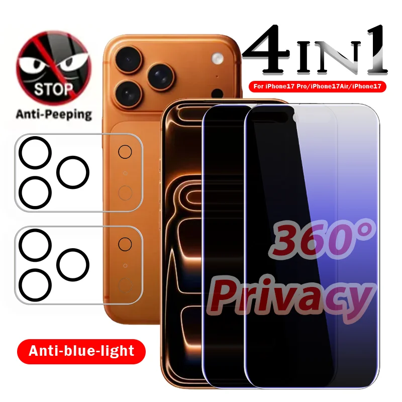 

4in1 360° Purple Light Privacy Screen Protector for iPhone 17e/17PRo/17ProMax/17/- 4 Side Privacy, UV Blocking