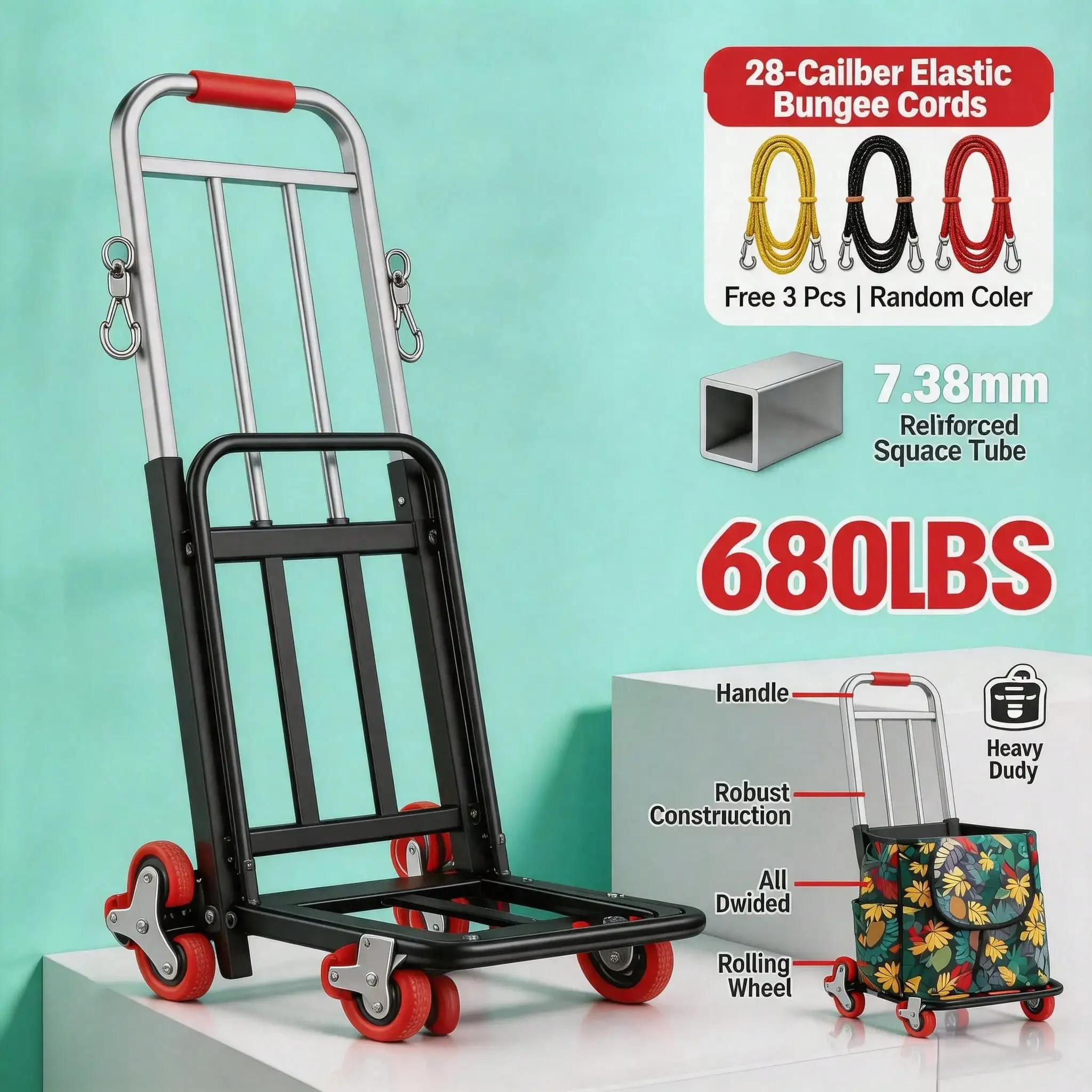 Heavy-Duty Stair-Climbing Handcart, With A Maximum Load Capacity Of 680 Lbs, This Foldable, Multi-Functional Flatbed Pallet Truck Features A Telescopic Handle, A 28mm Thickened And Reinforced Steel Frame, All-Terrain Wheels