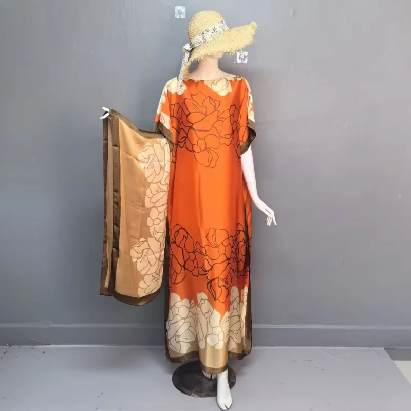 

Summer New Fashion African Dresses For Women Elegant Printed Silk Muslim Lady Long Hijab Kaftan Dress Oversize Kuwait Abaya 2025