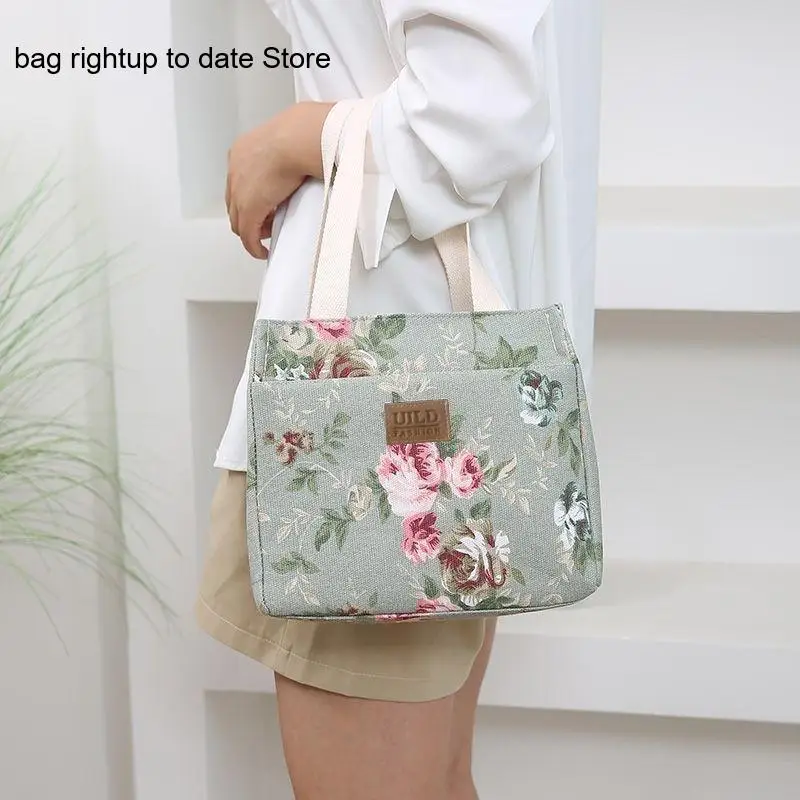 Simple Flower Canvas Thick Multiple Zippers Foil Insulation Layer Travel Lunch Box Insulation Handbag