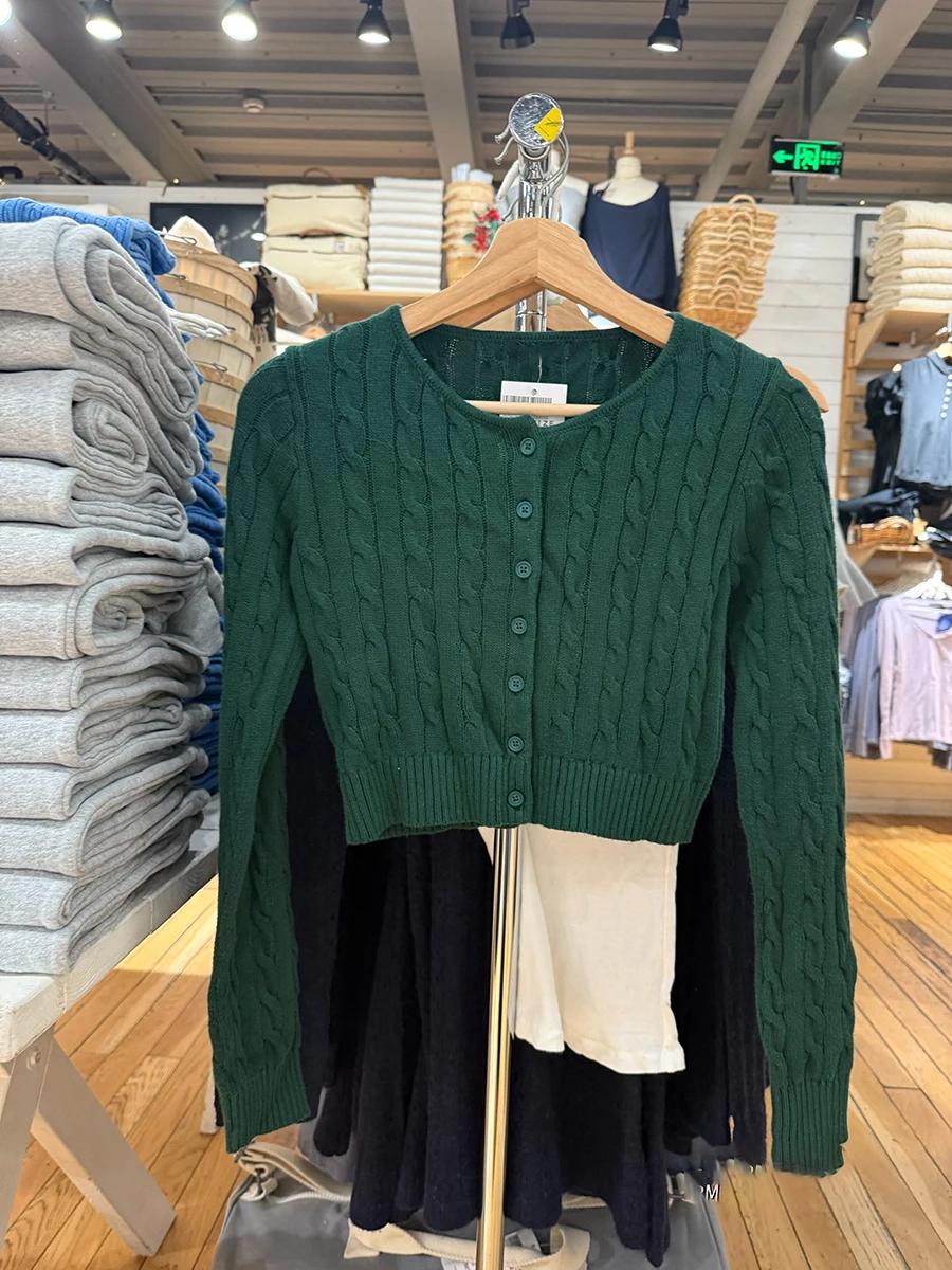 

Cute Green Twist Flower Cropped Sweater Cardigan Woman Spring O-neck Single Breasted Long Sleeve Crop Tops Simple Slim Sweaters