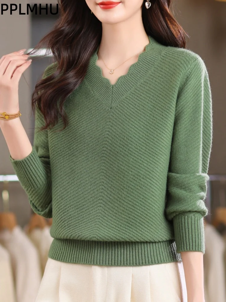 

V-Neck Wave Fashion Knitted Pullover Women's Casual Baggy Short Sweater Jumpers Soft Long Sleeved Tops Knitwear Bottom Sueter