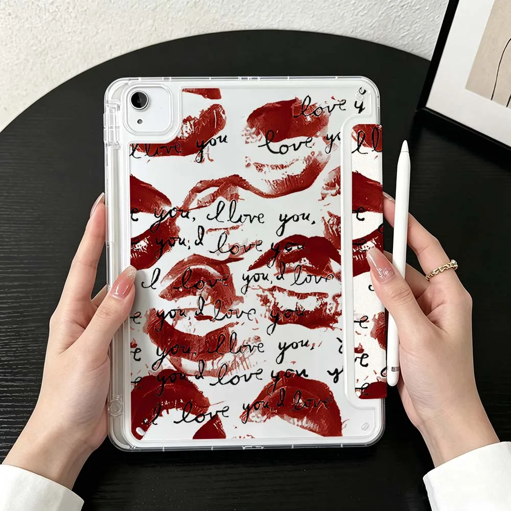 Kiss Lips Love Words For iPad Mini Pro Air 5 6 7 8 9 10th 11th 11 9.7 10.9 13 inch Transparent Y-Shaped Folding Tablet Case