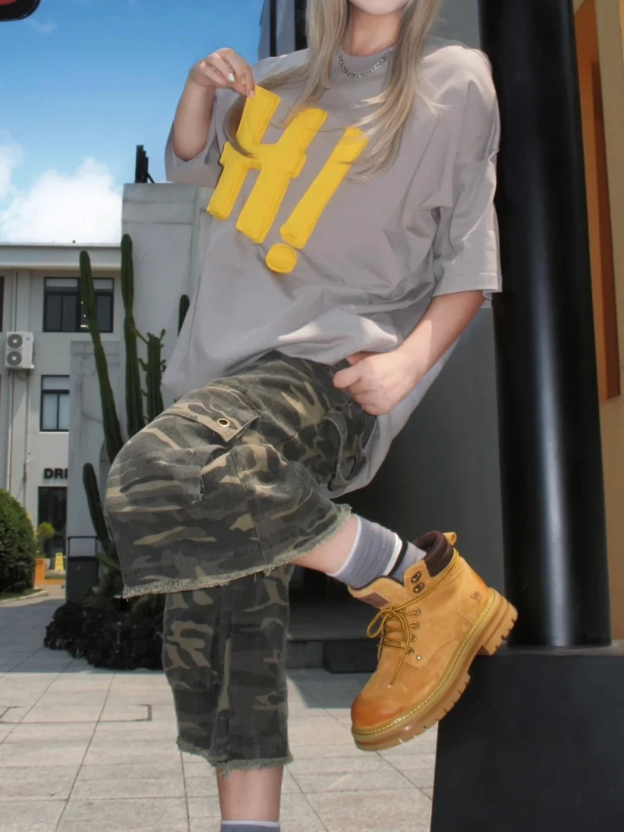 

Fall Winter American Retro Camouflage Work Pants Women Loose Straight Loose Jeans Short Shorts High Waist Bell Bottoms