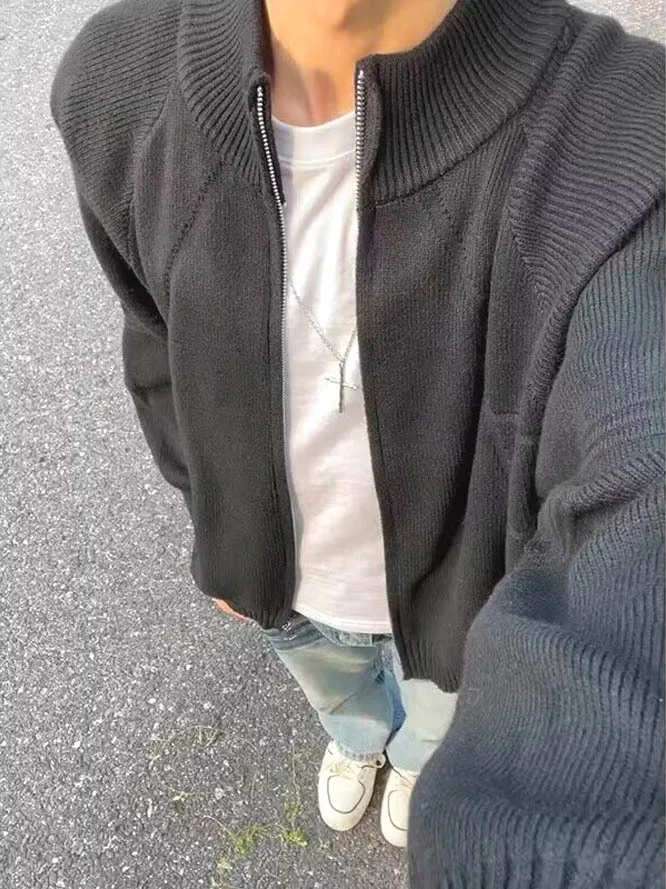 

Мужской тонкий вязаный кардиган Slim Fit с длинными рукавами, двойной молнией и воротником-стойкой, в американском повседневном стиле, из шерсти, модный.