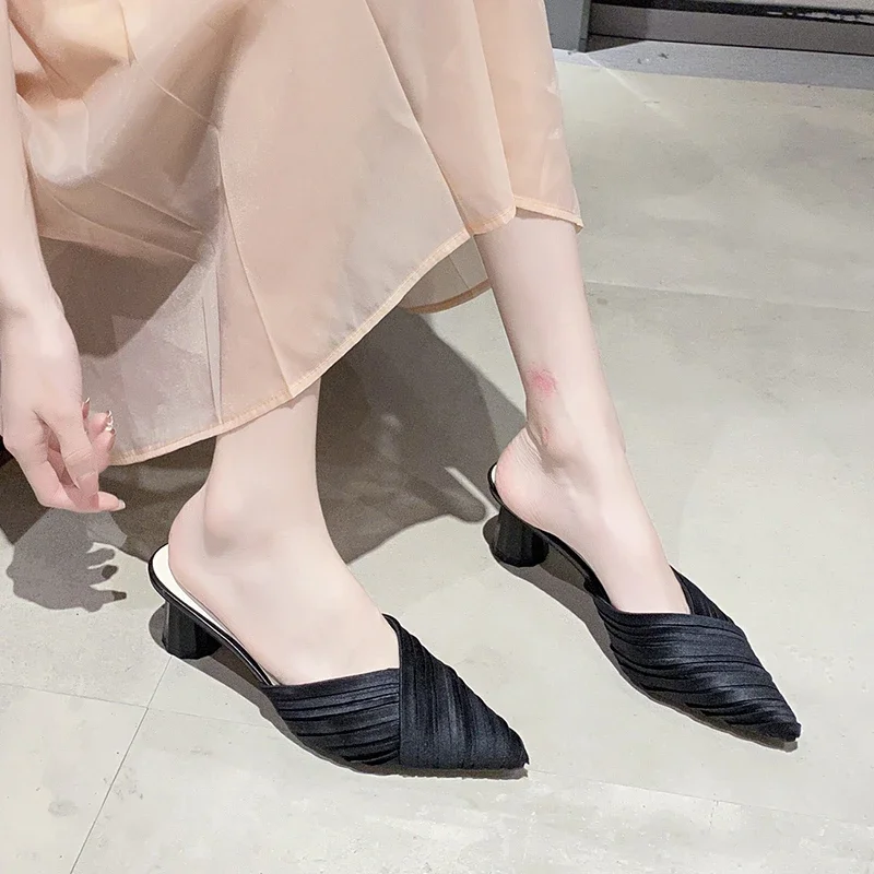 2024 Hot Sale Women's Shoes Baotou Women's Slippers Fashion Shallow Dress Slippers Women Sexy Pointed Toe Solid Heels Women