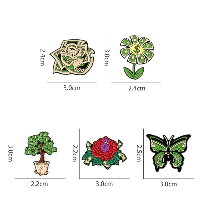 Cute Cartoon Dollar Money Enamel Brooch Creative Animal Insect Butterfly Plant Flower Rose Tree Lapel Pin Badge Jewelry Gift