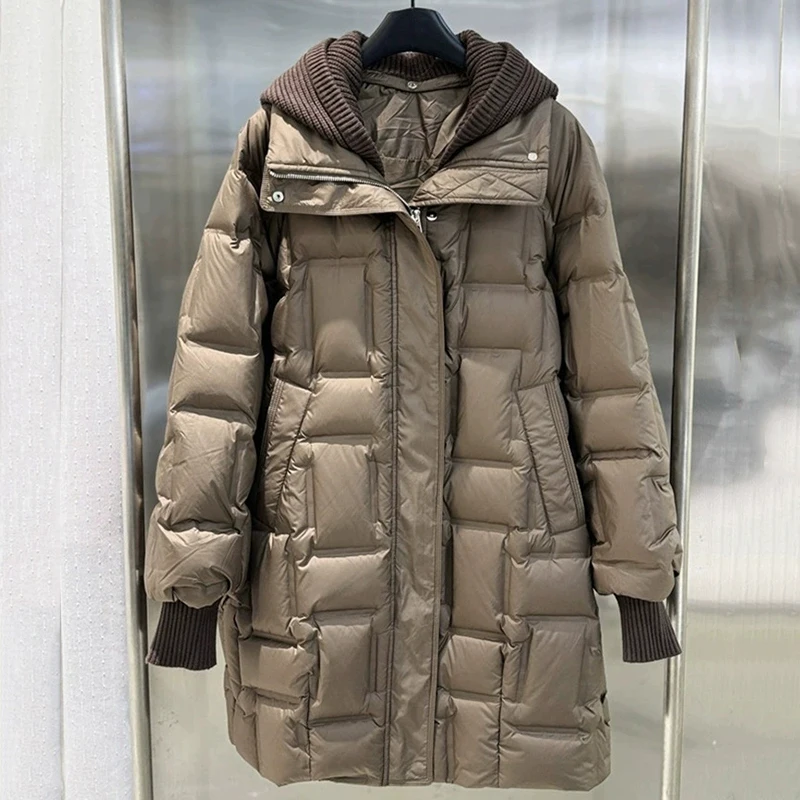 Schinteon Women White Duck Down Jacket with Knitted Removable Hood Autumn Winter Warm Casual Loose Over Size Outwear 2025 New
