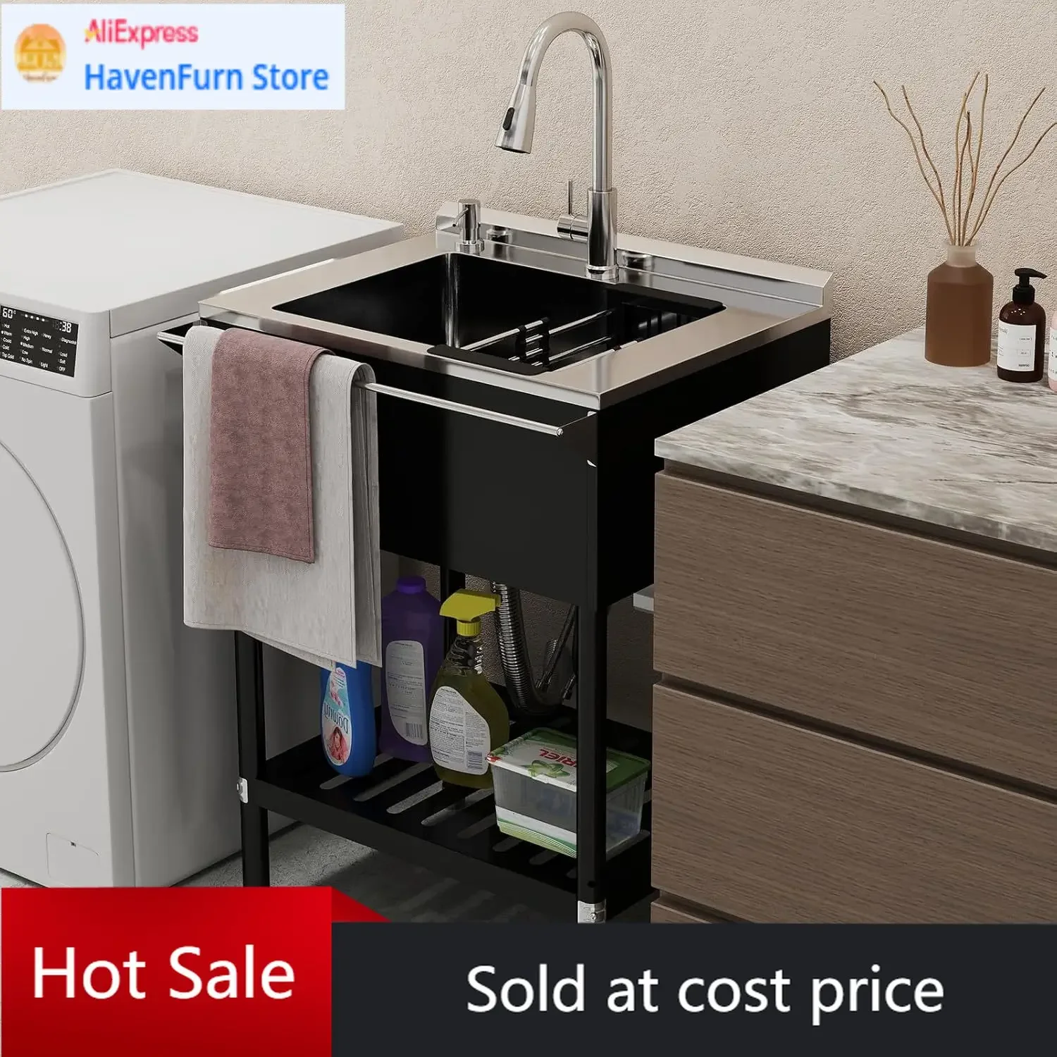 

Activity priceFree Standing Single Bowl Stainless Steel Utility Sink With Pull Out Faucet Cold Hot Water Pipe Basket For Laundry