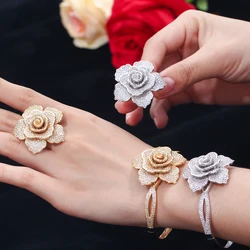 ThreeGrace Luxurious Cubic Zirconia Gold Color Large Flower Ring and Bangle Set for Women Trendy Banquet Dinner Jewelry JS540