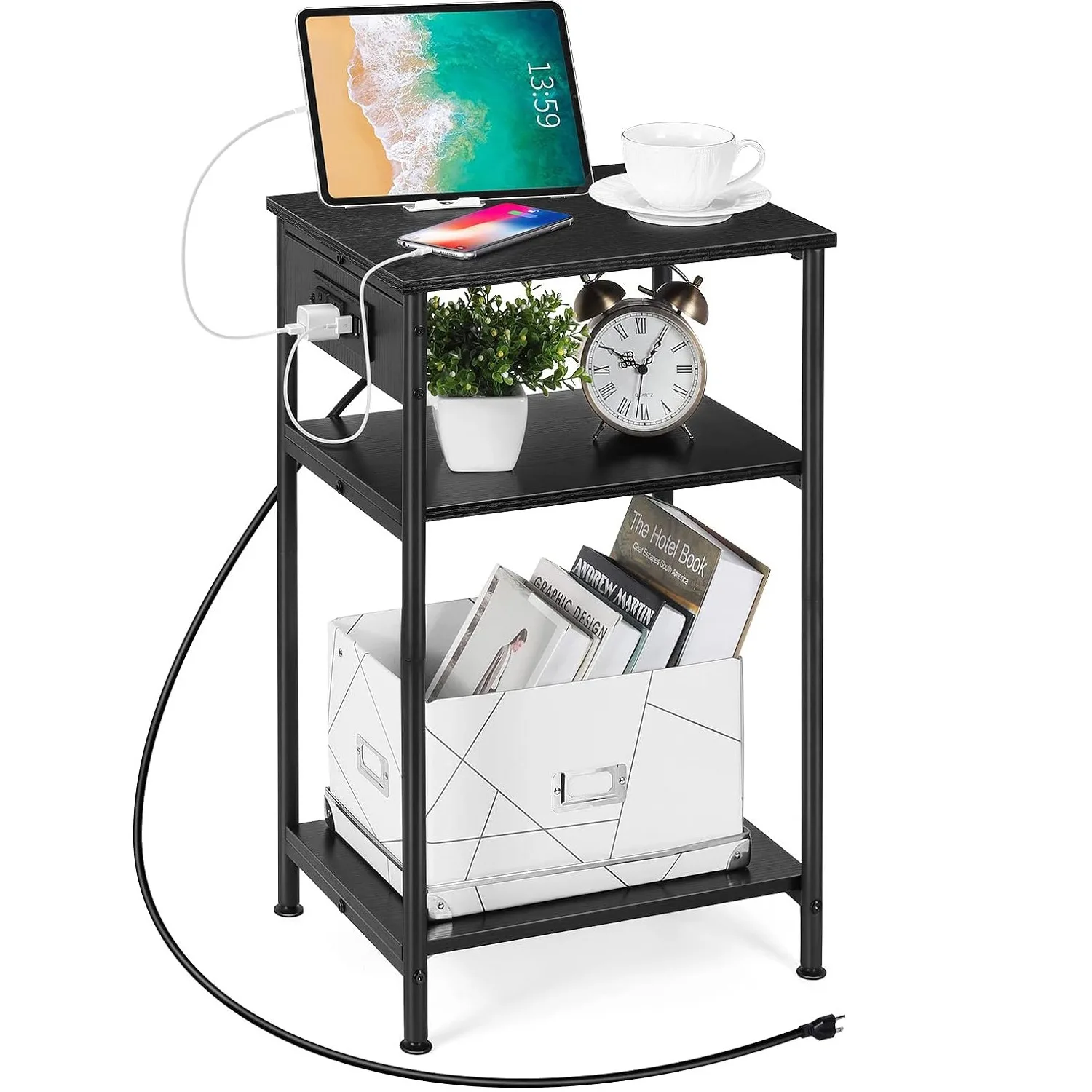 Nightstand with Charging Station,3 Tier Black Nightstand End Table with Storage Shelf,Narrow Side Table with USB Ports