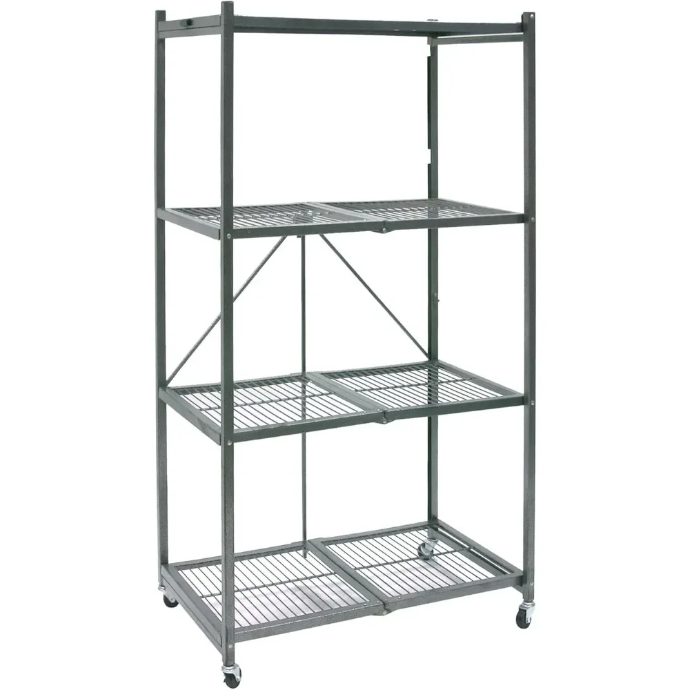 4 Tier Foldable Heavy Duty Metal Garage Storage Shelf Rack with Wheels and Powder Coated Steel for in Home and Office