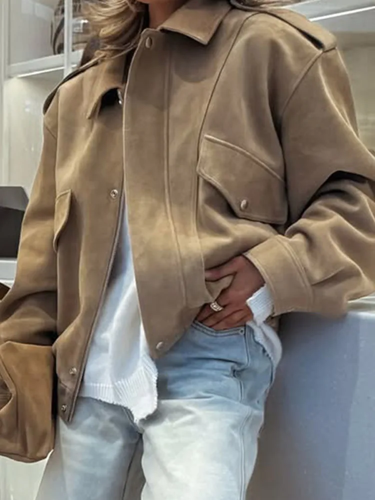 

Casual Women's Suede Bomber Jackets Loose Lapel Zipper Long Sleeve Pockets Female Coats 2025 Autumn Lady Commute Outwear New