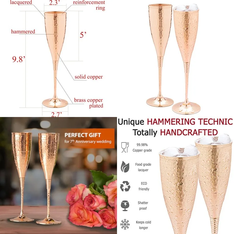 

Copper champagne flutes of 6.7 oz set of 2 Luxurious hammered copper champagne glasses Each one is handcrafted and lacquered to