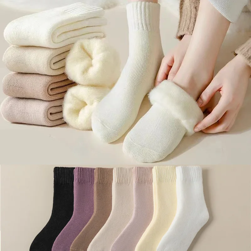 Chaussettes thermiques épaisses pour femmes, laine, cachemire, neige, doux, coton doux, sol de la chambre, chaussettes de sommeil, ajouter du sourire, chaud, hiver, 6 paires