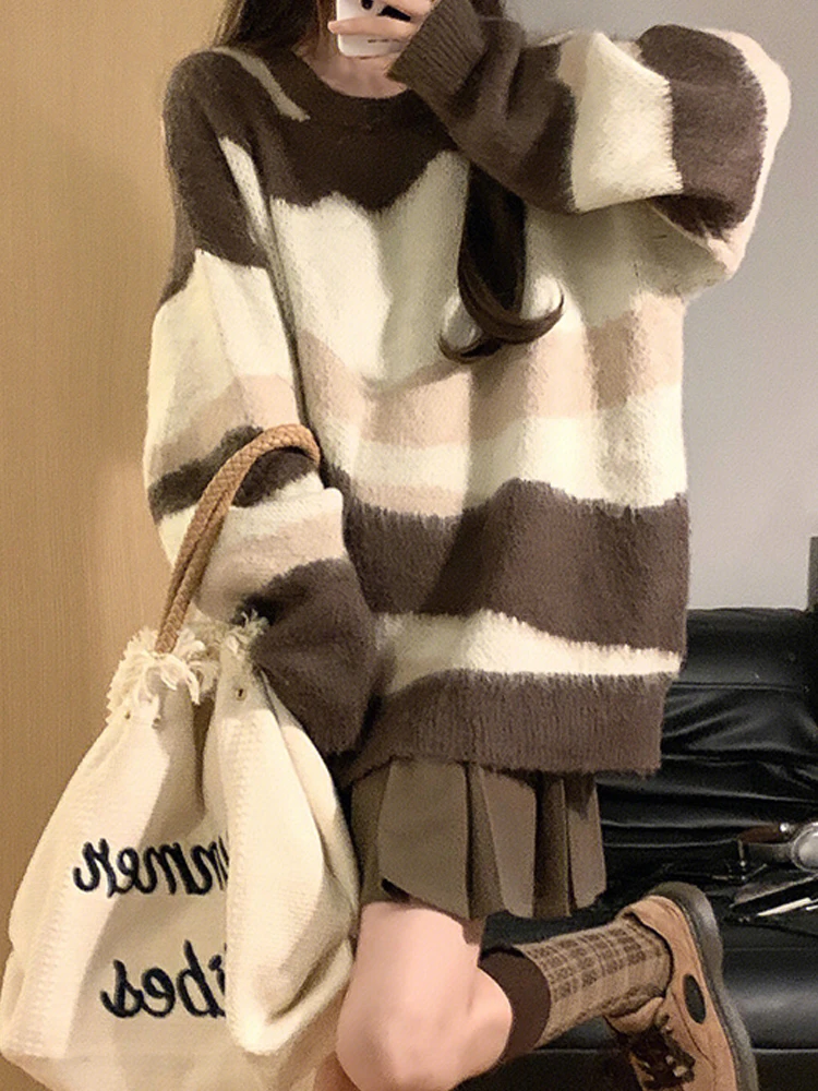 ITOOLIN Suéter de punto a rayas con cuello redondo de fibra de poliéster y cuello alto holgado Retro de otoño para mujer