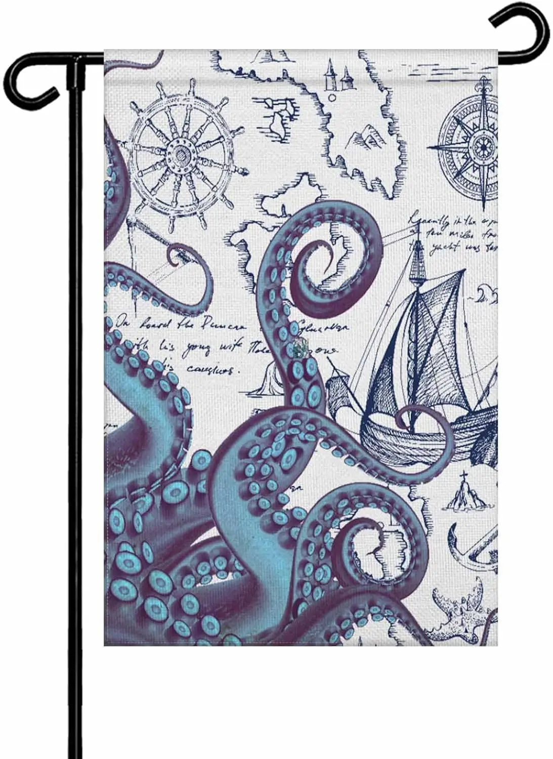 Nautical Charts Octopus Garden Flag 12x18in, Vintage Pirate Ship Maps Painting Garden Flags Double Sided House Flag Banner Welco