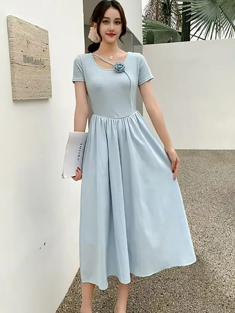 

Summer Blue Short Sleeve Chic Flower Elegant Long Dress Women Fashion Casual Holiday Dress 2025 Korean Bodycon Festival Vestidos