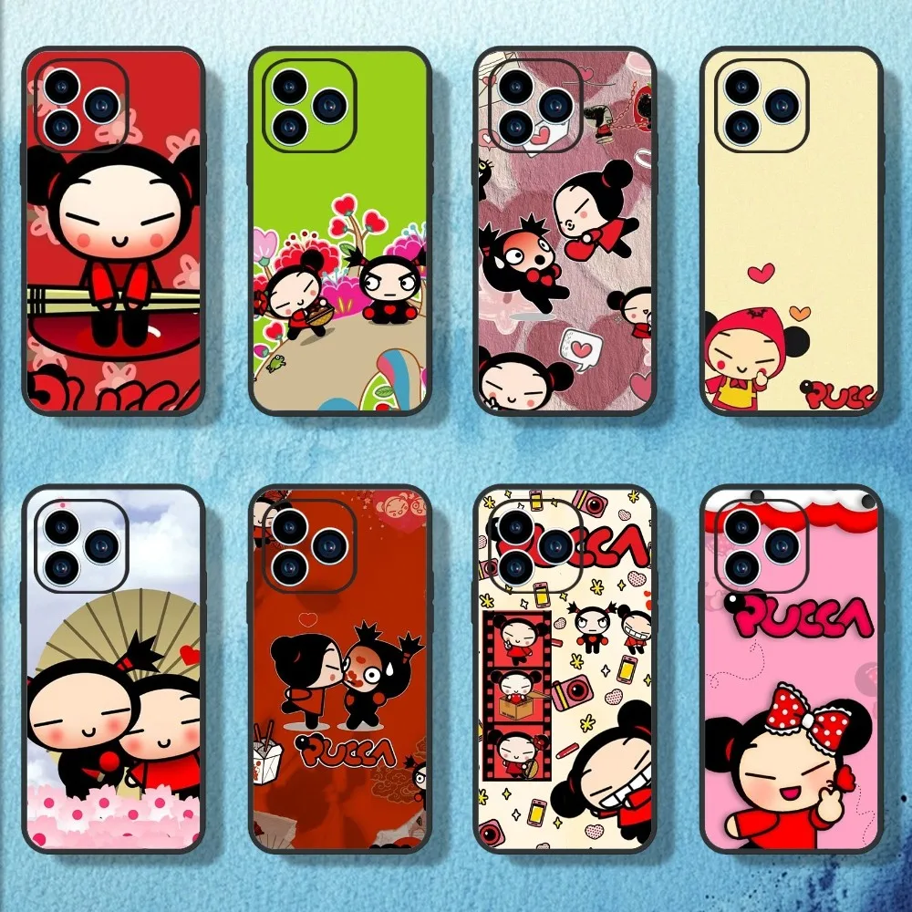 MINISO Cartoon P-Pucca G-Garu Phone Case For iPhone 11 12 13 14 15 Mini Pro Max Plus 8 xr xs Black Shell