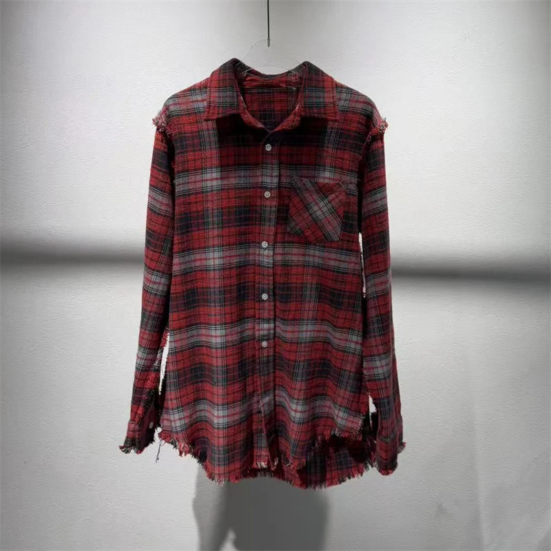 เสื้อเชิ้ตลายสก็อตคอปกสีตัดต่อสำหรับผู้หญิงคอลเลคชั่นฤดูใบไม้ผลิใหม่ เสื้อแจ็คเก็ตเชิ้ตแฟชั่นลำลองคุณภาพสูงสไตล์วินเทจแต่งพู่