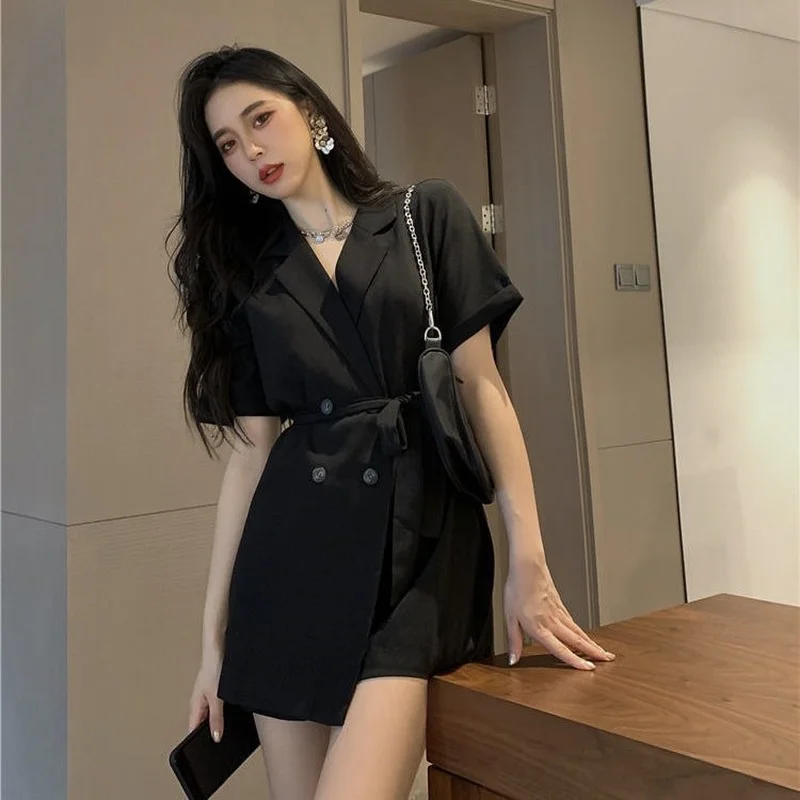 Playsuits Women Buttons High Waist Office Female Turn-down Collar Korean Style Vintage Solid Streetwear Leisure Elegant Clothes