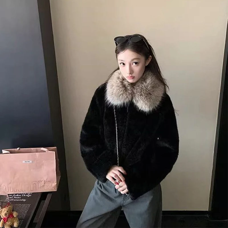 MEXZT Black Faux Fur Coat Women Fashion Cropped Patchwork Fluffy Jacket Winter Streetwear Korean Long Sleeve Furry Outerwears