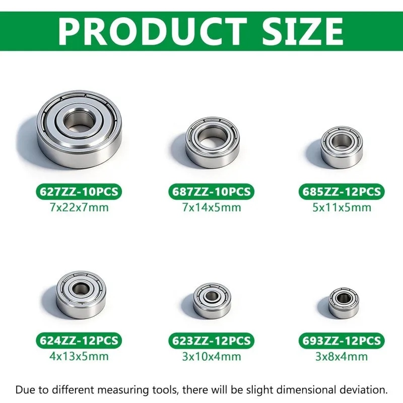 68PCS Ball Bearing Kit – 6 Sizes, Carbon Steel Deep Groove Ball Bearings, Double Shielded Axle, Compact Storage Box