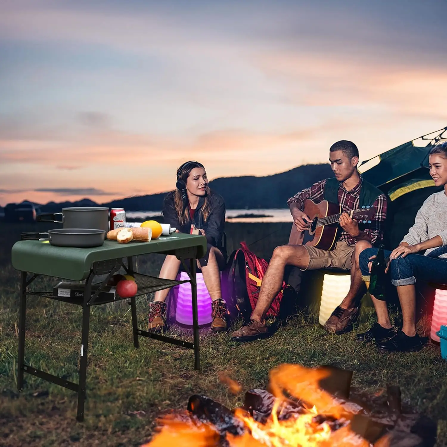 Camping Table & Collapsible Stools Set, Folding Beach Table with 2 Portable Stools and Mesh Layer, Lightweight Camp Table, Great