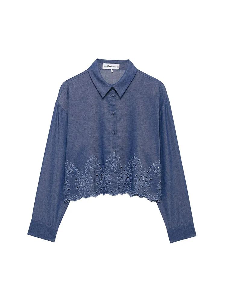 

KUCLUT Women Fashion Embroidery Blue Single Breasted Blouse Vintage Lapel Neck Long Sleeves Female Chic Lady Shirts