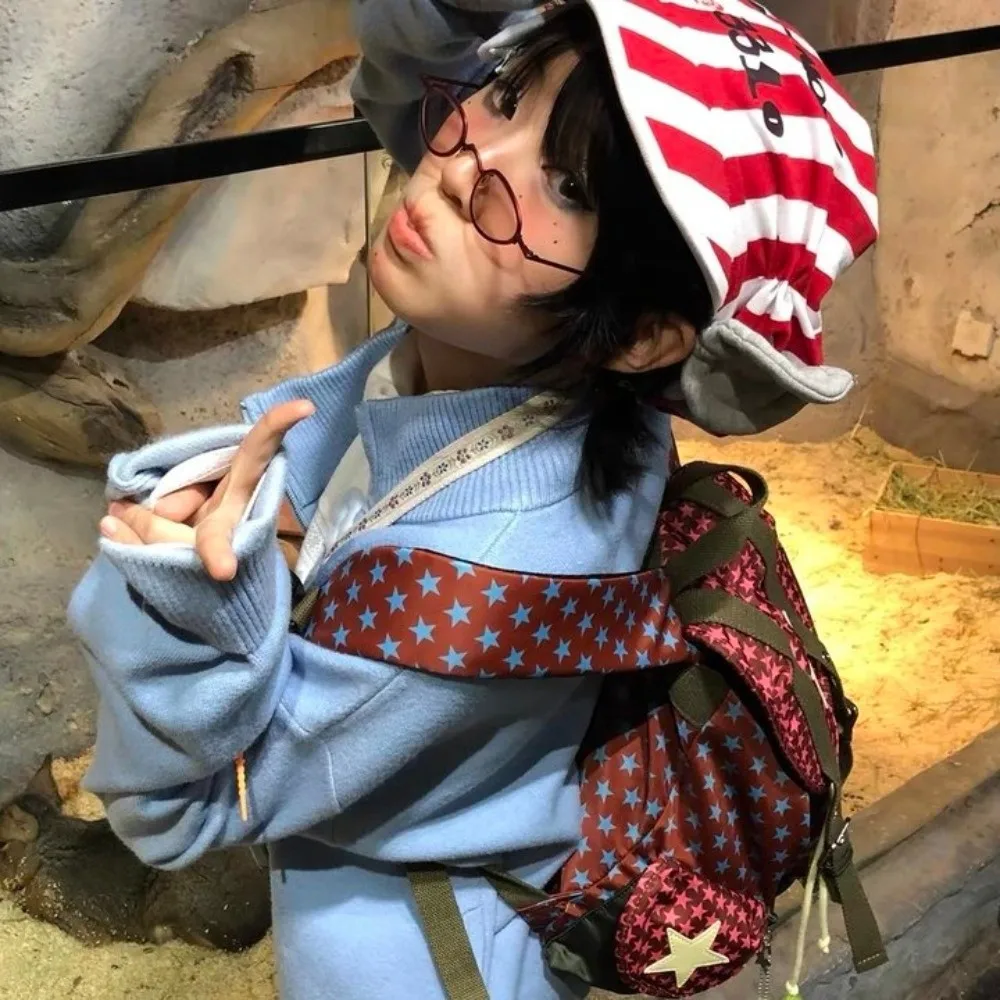 

Cute Large Capacity Lucky Star Backpack Korean Style Multi-pocket Drawstring Schoolbag Nylon Y2K Hiking Camping Bag Students