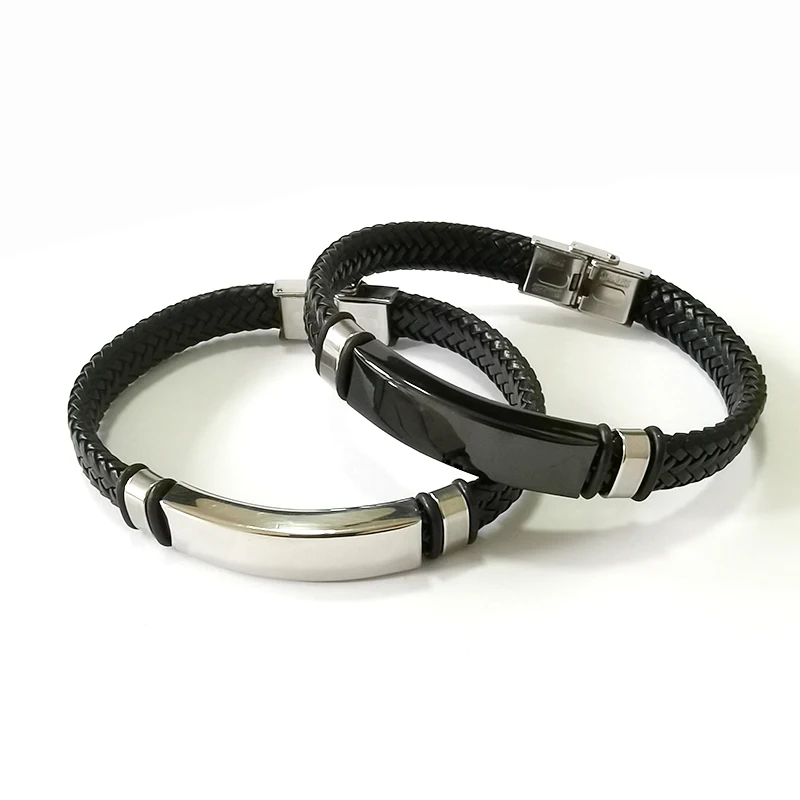 10mm Custom Text Name Logo 16 shares Leather Bracelet Stainless Steel Bracelets For Women Men ID Bracelet