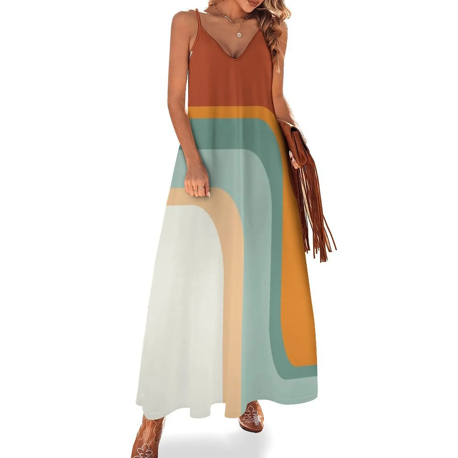 Mid-Century Modern Rainbow Rust Orange Sage Mint Boho Sleeveless Dress women's summer jumpsuit bandage dress prom dresses 2025