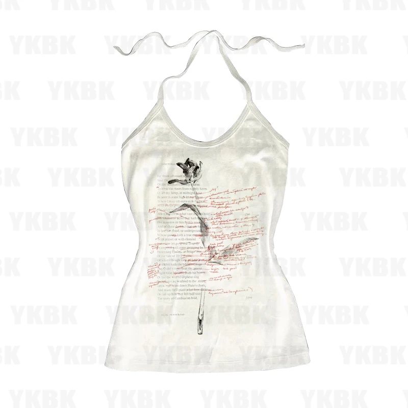 Y2k Print Rose Flower Vest Strap for Women Punk Short Sexy Corset Grunge White Cool Girl Gothic Casual Vest Sleeveless Emo Baby
