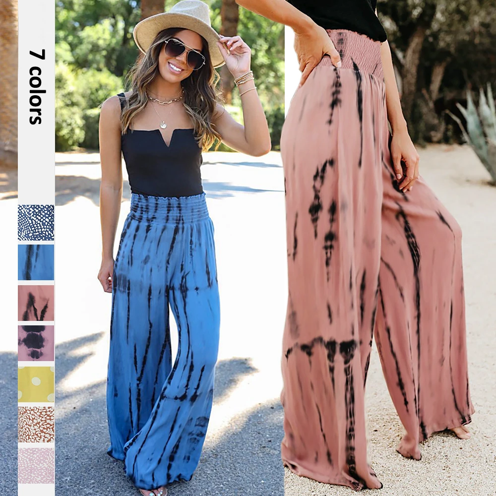 

Fashion Pants Women Summer Wide Leg Long Trousers Casual Vintage Elastic High Waist Beach Boho Straight Long Pants