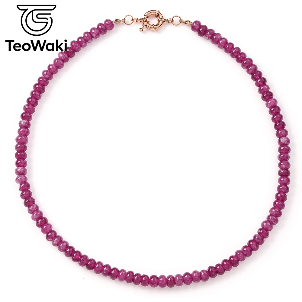 TeoWaki 4×6mm Elegant Natural Pink Tourmaline Abacus Bead Necklace Birthday Mother's Day Gift Ladies Fashion Neck Ornament 40cm