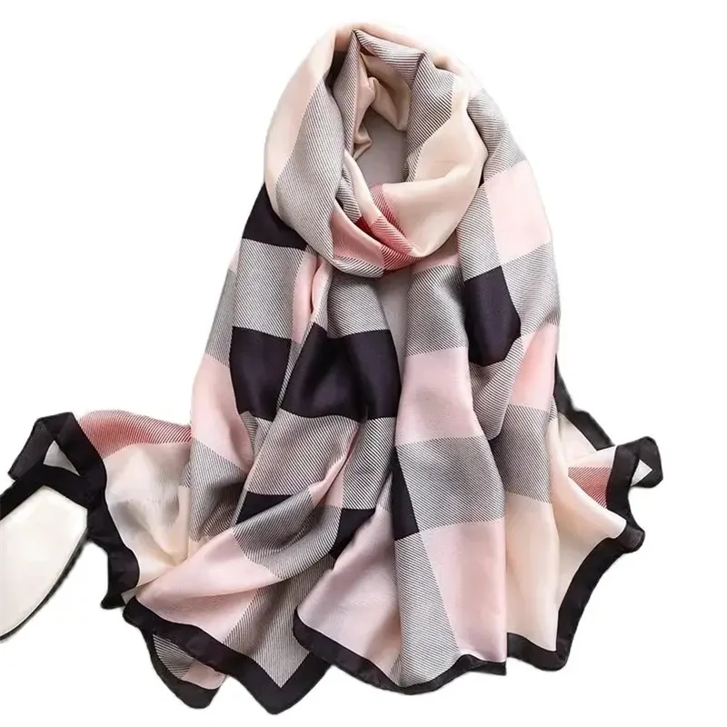 Designer Brand Women Silk Scarf Luxury Plaid Long Satin Scarves Beach Pareo Stole Foulard Femme Bandana Hijab Lady Shawls Wraps