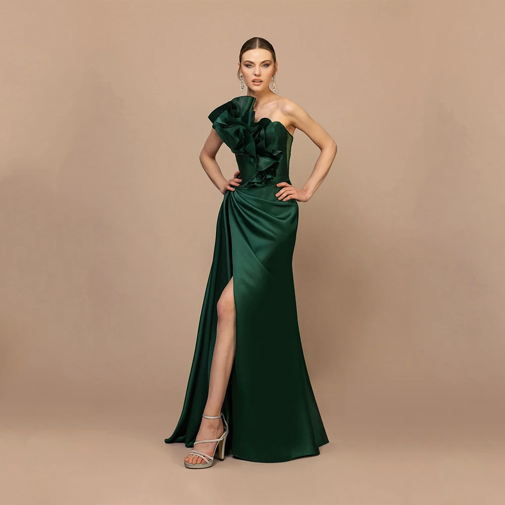 

Dream Green Classic Evening Dress Satin for Floor-Length One-Shoulder Prom Dress Flouncing Slit Vestidos De Fiesta Customized