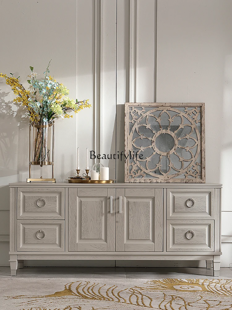 

05-American light luxury light gray red oak all solid wood TV cabinet