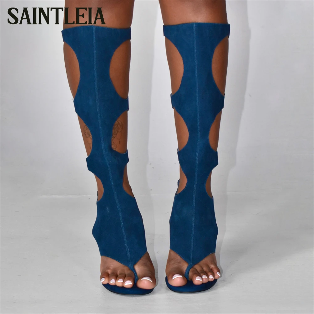 Cow Suede Angled Heel Gladiator Boots Novelty Style Flip Flops Knee Boots Customizable Multicolor Handmade Women's Summer Boots