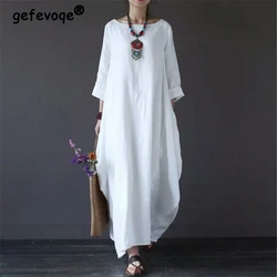 Vintage White Black Cotton Linen Oversized Beach Maxi Dress Women Spring Autumn Casual Street Long Sleeve Dresses Robe Clothing