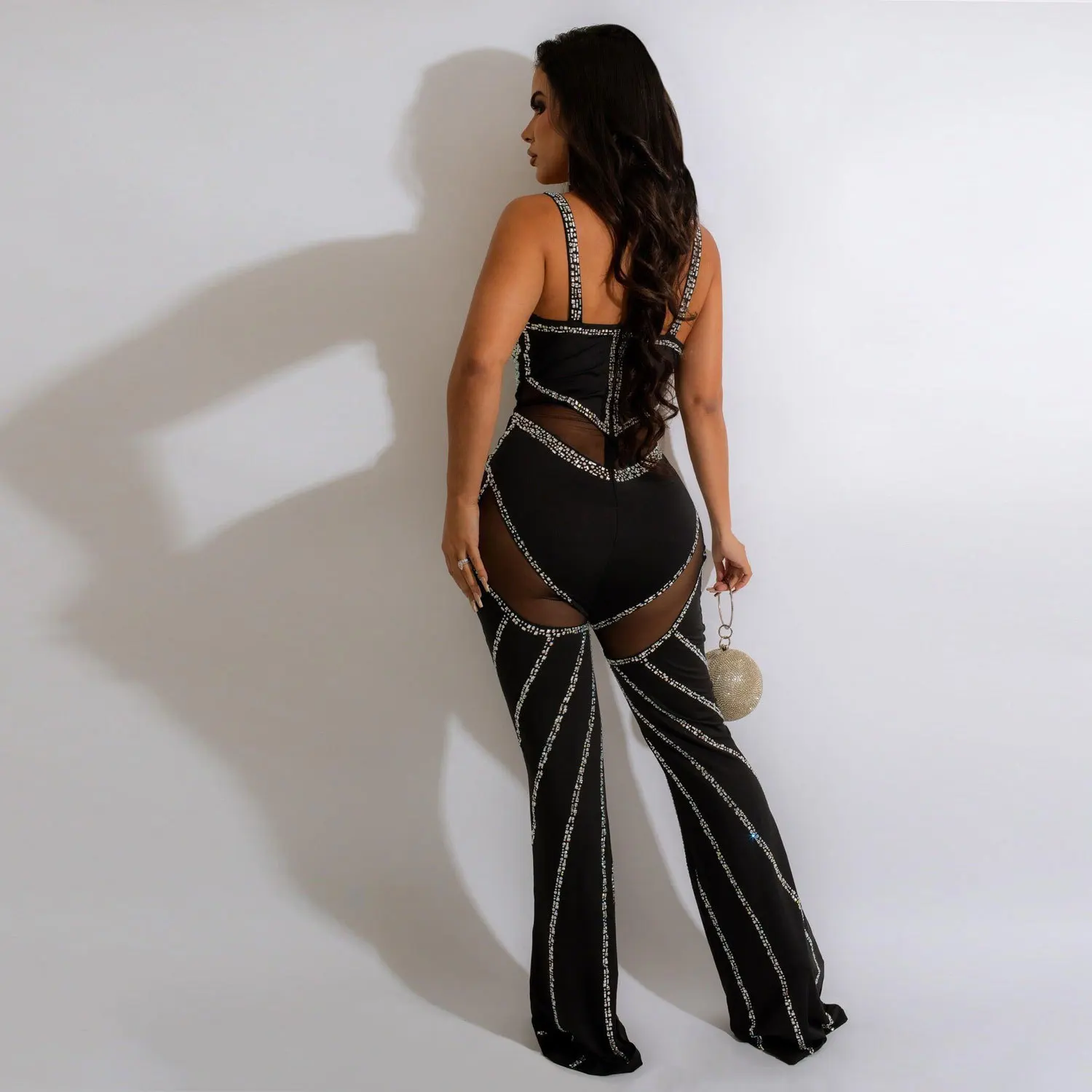 Jumpsuit for Women Mesh Crystal Patchwork Strap Sexy Deep V Neck Perspective Long Pant Throught Rompers Backless Club Outfits