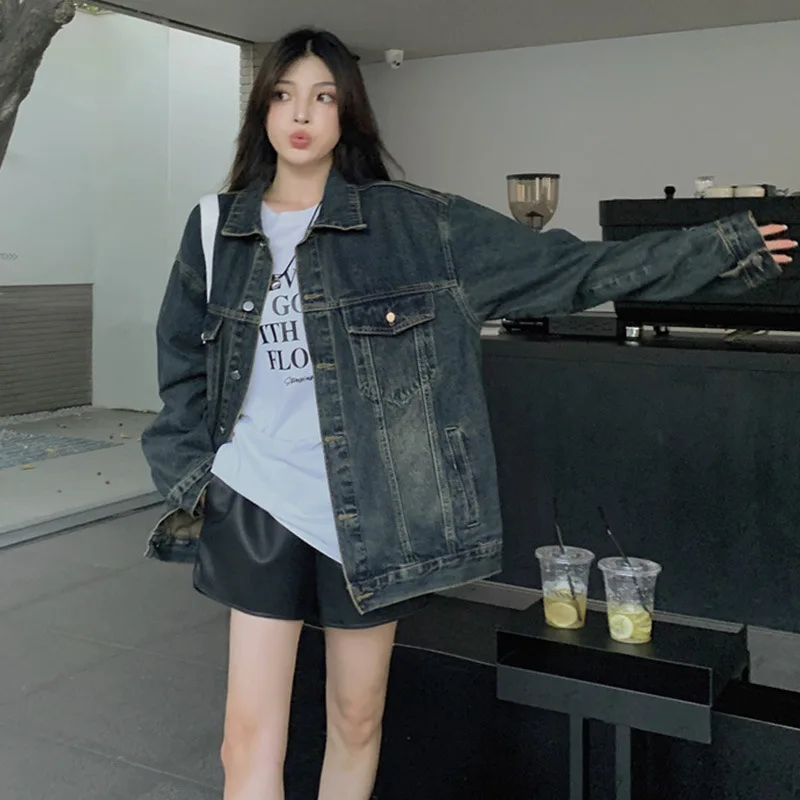 Women's Dark Vintage Washed Denim Jacket, Oversized Loose Fit Jean Coat, Casual Streetwear Trucker Outerwear