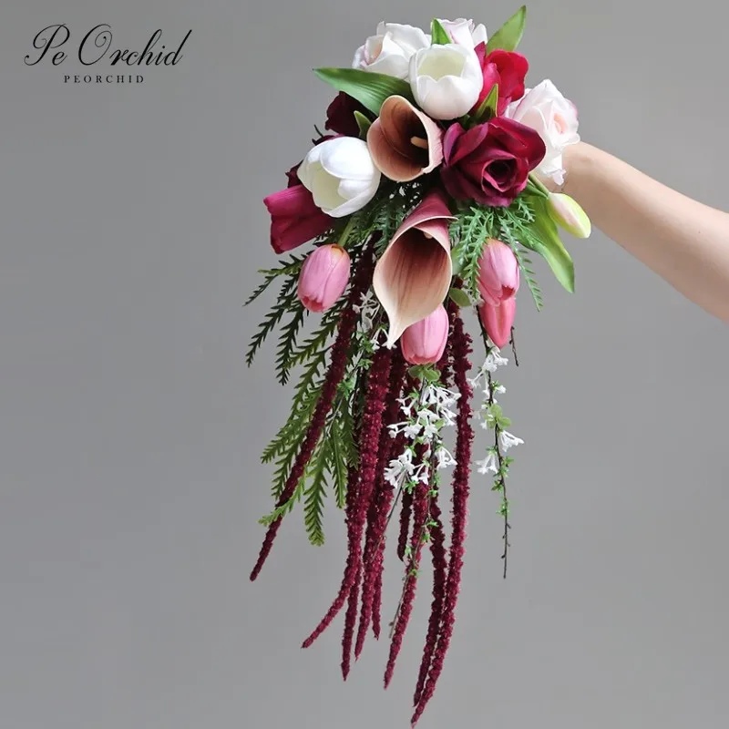 

PEORCHID Artificial Waterfall Bridal Bouquet Silk Flowers Calla Lily Rose Pink&Red Wedding Cascading Bouquet Ramo Boda Novia