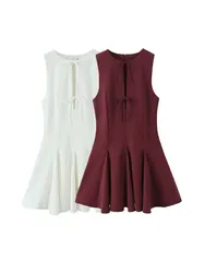 Women's Sleeveless O-Neck Mini Dress with Bows Godet Hem Back Zipper Fashion Female Vestidos Mujer