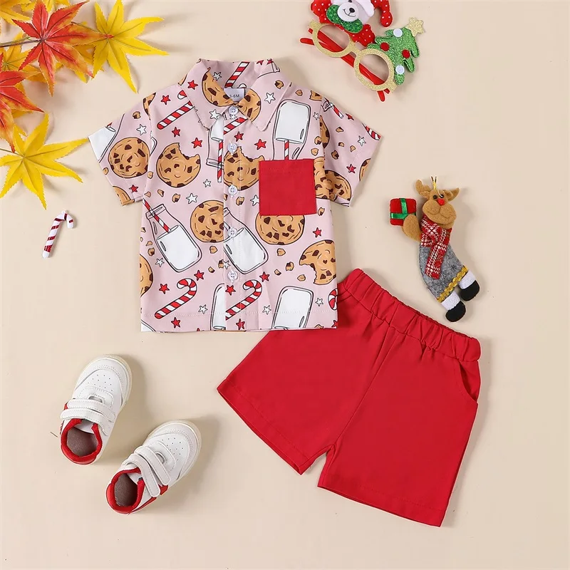 Boys Christmas 2PCS Shorts Sets Short Sleeve Lapel Button Up Shirt Red Shorts Sets