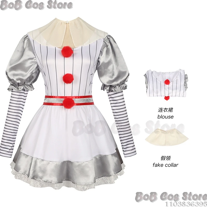 Creepy Killer Clown Halloween Horro Party Cosplay Costume White Dress Scary Roleplay Carnival Women Masquerade Pant Outfit Prop