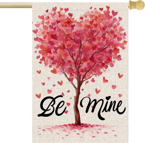 Valentines Day House Flag 28X40 Inch Double Sided Be Mine Love Hearts Tree outsi 313046163159 AAV hhz