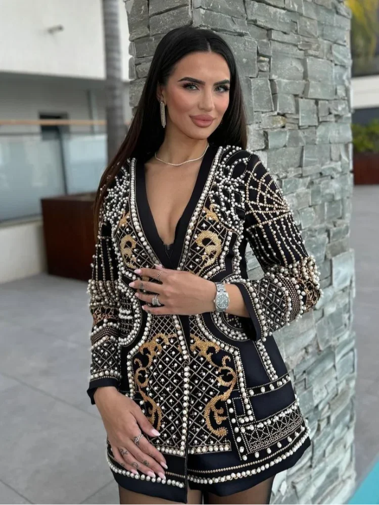 Glamorous Retro Printed Loose Casual Blazer Elegant Shoulder Pad Full Sleeve Evening Suit 2025 Chic Pearl Embellished Party Coat