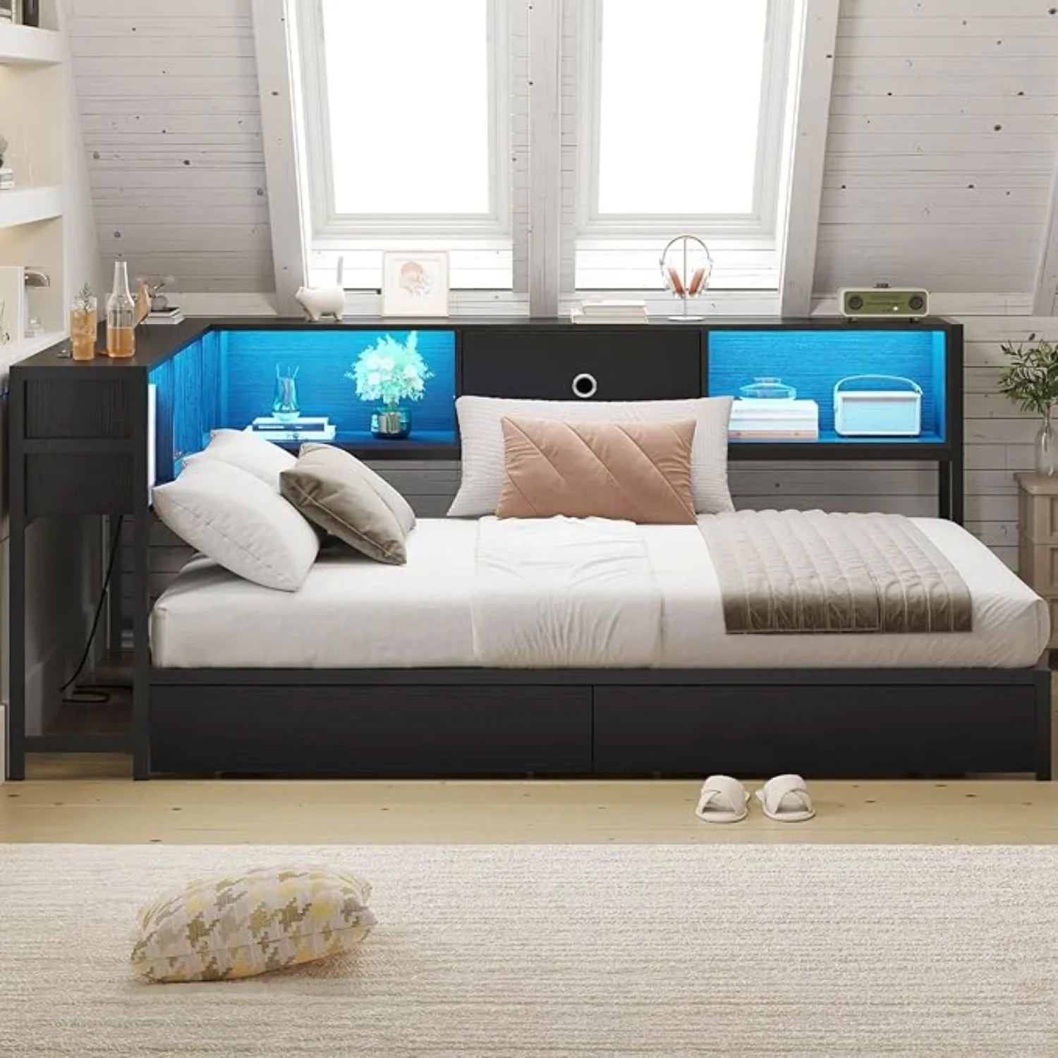 Corner Bed Frame Full Size with Bookcase & 2 Underbed Drawers with LED Light & Charging Station,Daybed Reversible Left or Right