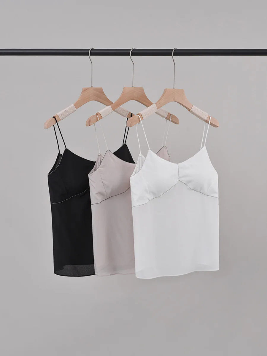 

Sling Tops for Ladies 2024 New Spring Summer 100% Silk Bead Chain V-neck Slim Sexy Sleeveless Camis